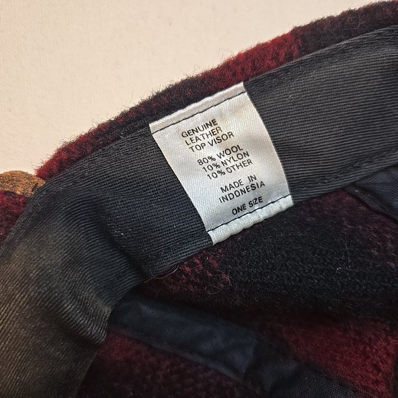 VTG Wool Leather Brim Plaid Hat Strapback Cap Red Black Brown Adjustable Smaller - Picture 4 of 10